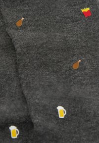 Gray fabric with a soft texture featuring small embroidered icons of chicken leg, fries, and beer mugs in brown, yellow, and white.