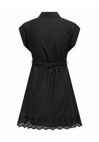 Schwarzes ärmelloses Kleid mit Kragen, Taillengurt und gewelltem floralen Ausschnittsaum, von hinten vor weißem Hintergrund gezeigt.