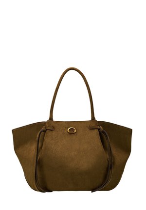 Sac à main en daim marron avec deux poignées et un logo doré "G" sur le devant, avec des panneaux latéraux qui s'étendent vers l'extérieur.