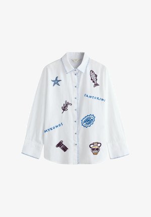 Balta ar garām piedurknēm pogāta krekls ar zilu šuvumu, izšūtiem zivju, jūras zvaigznes, lapas, grieķu vāzes, gliemežvāka, kolonnas motīviem un tekstu "Santorini" un "Mykonos".