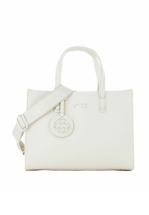 Borsa tote in pelle bianca con manici doppi e tracolla rimovibile, caratterizzata da logo in rilievo e dettaglio circolare. Texture liscia.