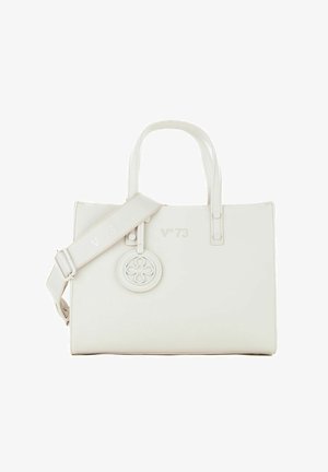 Borsa tote in pelle bianca con manici doppi e tracolla rimovibile, caratterizzata da logo in rilievo e dettaglio circolare. Texture liscia.