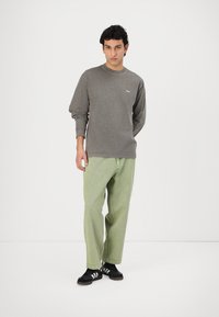 Grå langermet skjorte med en liten logo, kombinert med lysegrønne baggy jeans og svarte sneakers med hvite striper.