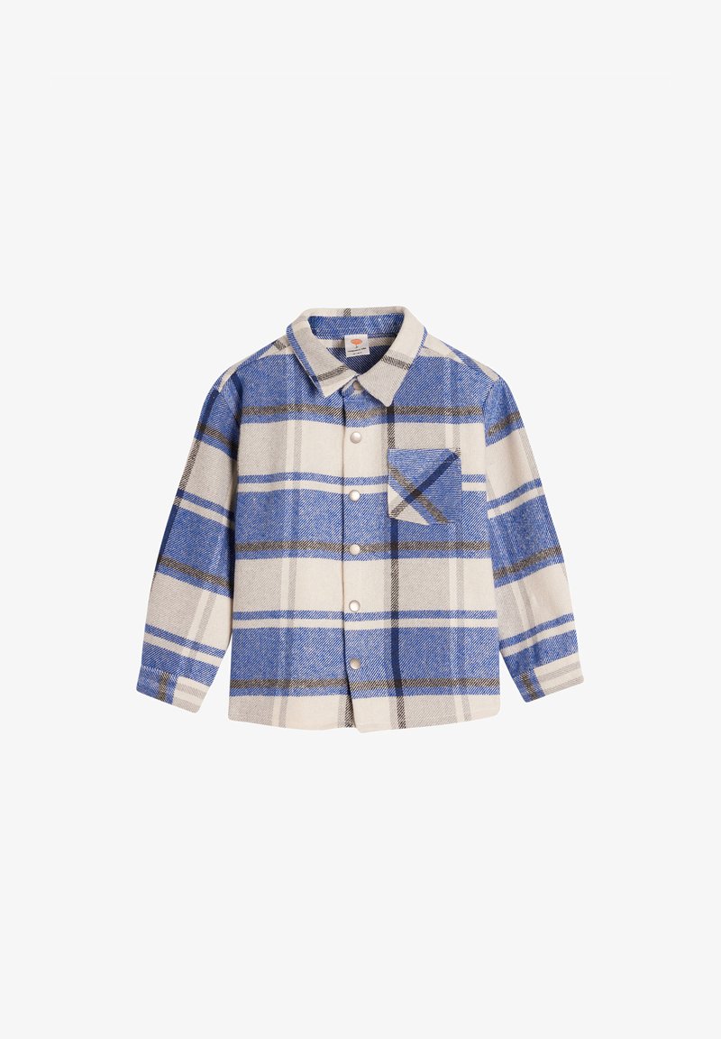 Blauw en crèmekleurig geruit overhemd met lange mouwen, een knoopsluiting aan de voorkant, een klassieke kraag en een opgestikte zak aan de linkerkant. Zachte stoftextuur.