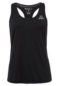 Débardeur Reebok noir, sans manches, avec un dos en mesh et un logo sur le côté gauche de la poitrine. Matière douce et évacuant l'humidité, conçue pour un usage sportif.
