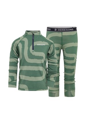 Green and light green patterned long-sleeve top with zipper and matching pants with elastic waistband, both labeled Didriksons.