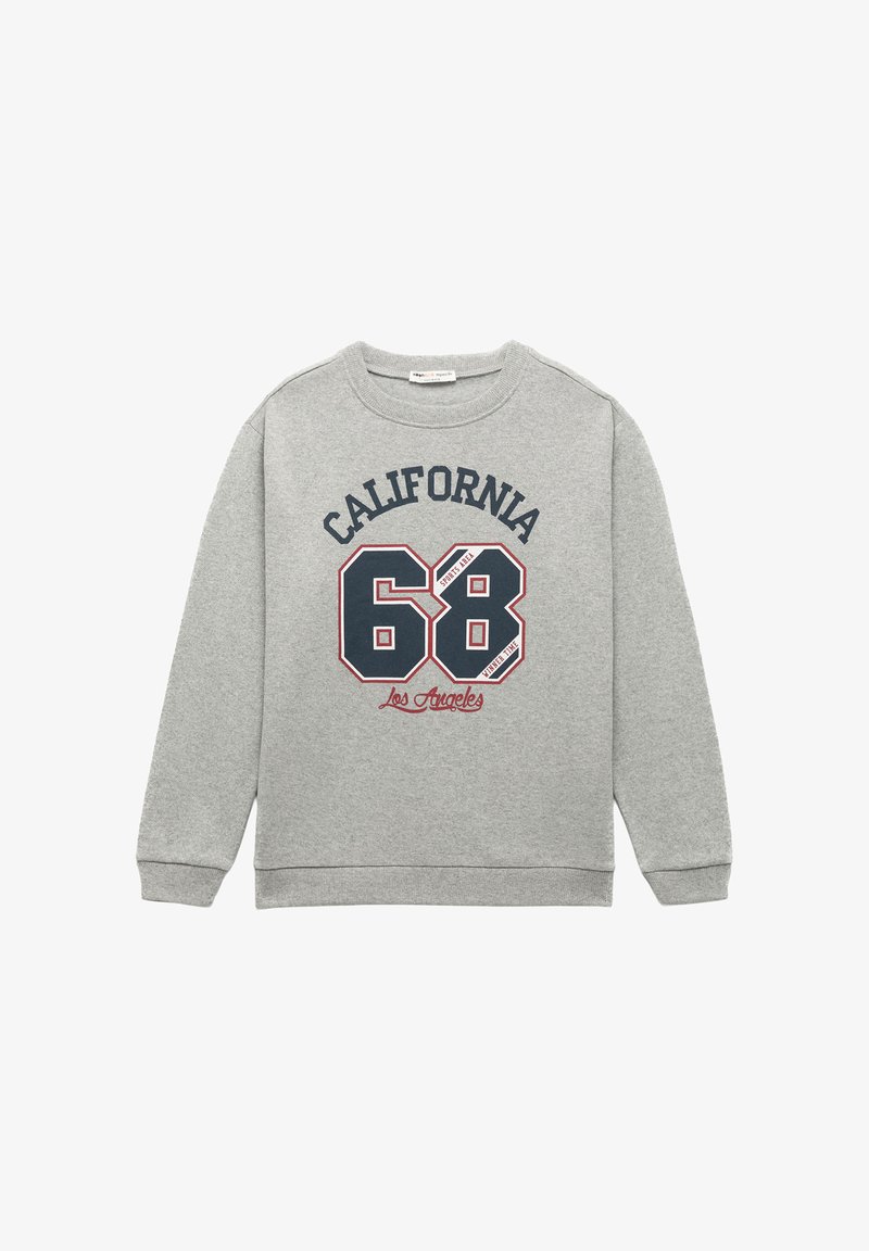 Szary sweter z nadrukiem "CALIFORNIA 68 Los Angeles" w granatowym i bordowym kolorze, z okrągłym dekoltem, długimi rękawami i miękką, polarową teksturą.