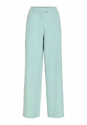 Pantaloni largi, cu talie înaltă, de culoare albastru deschis, cu bucle pentru curea și închidere frontală ascunsă, pe fundal alb.