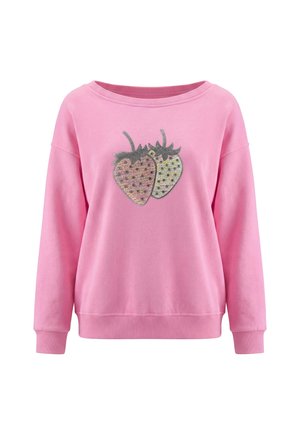 Lyserød langærmet sweatshirt med ribkanter ved ærmer og bund, med to glitrende jordbærdesigns på midten foran.