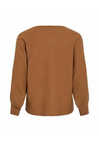 Pull en maille côtelée marron avec des manches longues et un décolleté carré. La texture est en relief avec une finition douce. Pas de fermetures ni de décorations visibles.