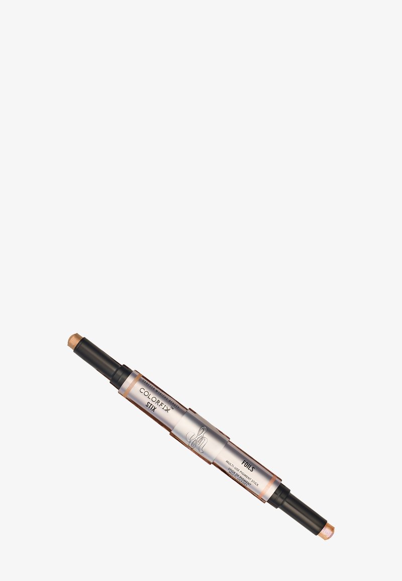 Dubbelzijdige make-upstick met een romige, goudkleurige applicator, met een slank ontwerp in zwart en metallic zilver; gelabeld "COLORFIX STIX."
