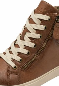 Brown leather high-top sneaker with cream laces and a gold zipper accent on the side; features textured material and a rounded white sole.