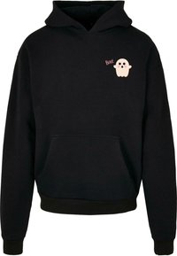 Felpa nera con tasca frontale, caratterizzata da una grafica di un fantasma cartoon e la parola "Boo!" in rosa sull'area del petto sinistro. Tessuto morbido.