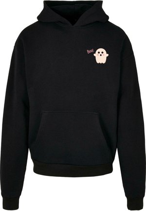 Black hoodie with a front pocket, featuring a cartoon ghost graphic and the word "Boo!" in pink on the left chest area. Soft fabric.