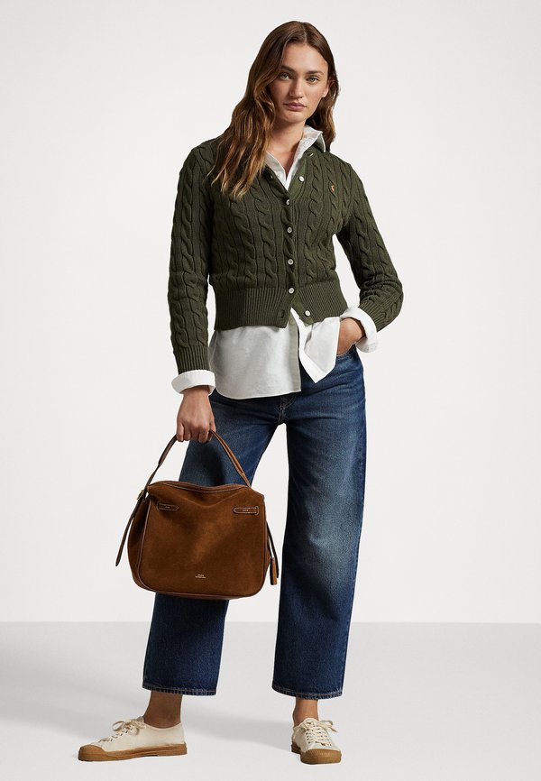 CABLE KNIT COTTON CREWNECK CARDIGAN - Cardigan - canopy olive4