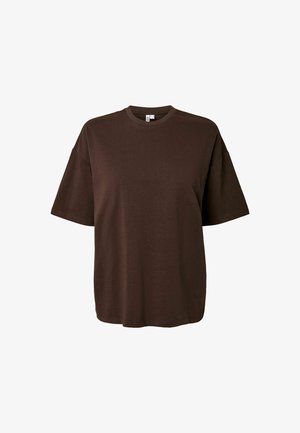 Mørkebrun, oversized kortærmet bomuldst-shirt med rund halsudskæring, ensfarvet design og afslappet pasform på hvid baggrund.