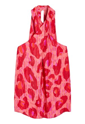 Mouwloze haltertop met een gekruiste halslijn in roze en rood abstract dierenprintpatroon, gestructureerde stof en een rugsluiting met sleutelgat.
