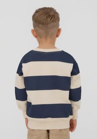 Felpa a righe blu navy e crema con scollo a girocollo e polsini a costine. Presenta una texture spazzolata e una vestibilità rilassata, ideale per l'abbigliamento casual.