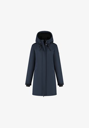 Long navy blue winter coat with hood, front zipper, snap buttons, adjustable cuffs, and side pockets, displayed on a white background.