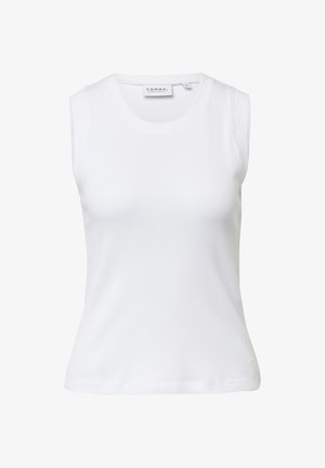 Biała bezrękawnik z prążkowanego materiału, z okrągłym dekoltem, dopasowany fason i widoczną metką w okolicy szyi.