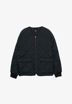 Zwarte gewatteerde jas met diamanten stikpatroon, voorrits, twee klepzakken en ribgebreide manchetten.