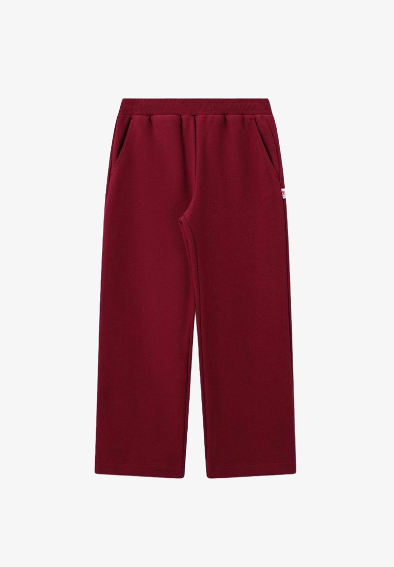 Bordeaux brede broek met elastische tailleband en zijzakken, gemaakt van zachte, textuurstof.
