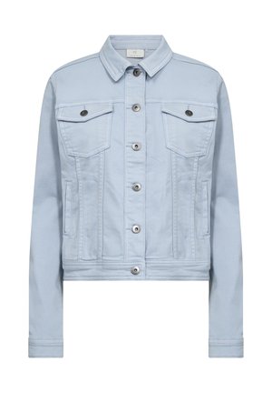 Chaqueta de denim azul claro con cuello, dos bolsillos en el pecho y herrajes plateados con cierres de botón. Ajuste corto y textura suave.