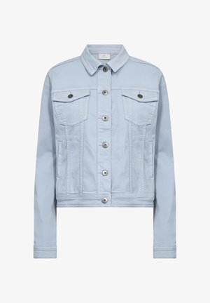 Jachetă din denim albastru deschis, cu guler, două buzunare pe piept și elemente metalice argintii cu închidere cu nasturi. Cropped și cu o textură moale.