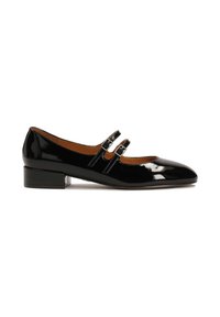 Black patent leather Mary Jane shoes featuring two adjustable straps with buckles, a rounded toe, and a low block heel.