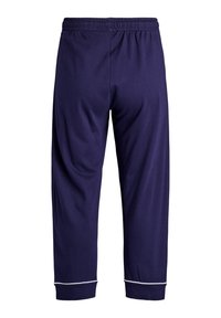 Navy sweatpants with an elastic waistband, cropped length, and slight stretch. Features white piping along the cuffs for detail.