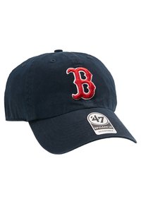 Navy cotton baseball cap featuring an embroidered red "B" logo, adjustable strap, and a curved brim. Tag labeled "47 Clean Up."