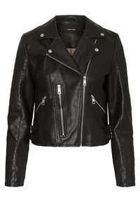 Giacca da biker in ecopelle nera con cerniere argentate, spalline e dettagli con fibbia laterale. Presenta un design corto e aderente e un tessuto testurizzato.