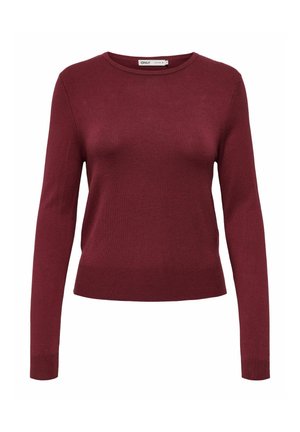 Jersey burdeos de punto con cuello redondo, mangas largas y cintura ajustada. Fabricado en una suave tela texturizada con detalles de canalé.