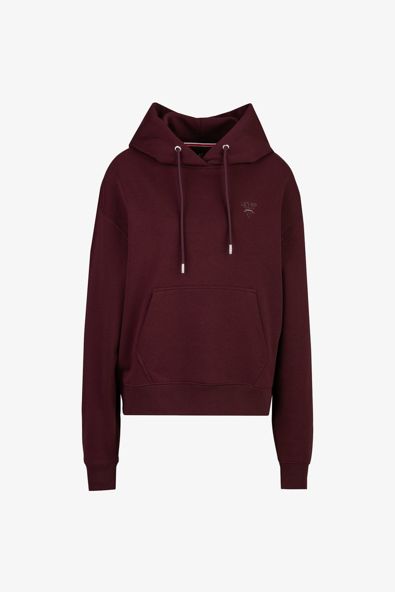 Bordeauxrode hoodie met voorzak, capuchon met trekkoord, geribde manchetten en een klein geborduurd "1969 Italia" logo op de borst.