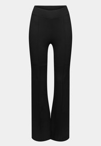 Pantalon noir taille haute en tissu doux et extensible. Coupe évasée avec des coutures verticales décoratives sur le devant. Texture lisse.
