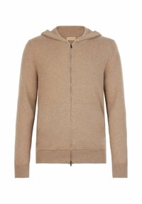 Beige Zip-Up Hoodie-Kardigan mit langen Ärmeln und gerippten Bündchen und Saum, aus weichem Strickstoff gefertigt.