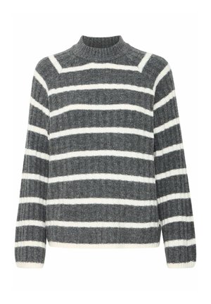 Csíkos pulóver sötétszürke és fehér színben, magas nyakkal és bordázott textúrával, hosszú ujjakkal és enyhén laza fazonnal.