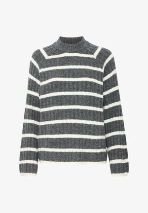 Csíkos pulóver sötétszürke és fehér színben, magas nyakkal és bordázott textúrával, hosszú ujjakkal és enyhén laza fazonnal.