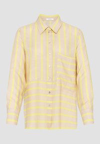 Light beige button-up shirt with yellow stripes, long sleeves, and a front pocket. Made from a textured, breathable fabric.