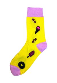 Gul sok med pink ribkant, prydet med broderede designs af slik, isvafler og en isklump i sort og pink. Blød striktekstur.