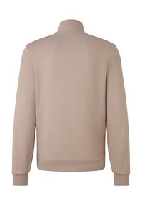 Beige sweatshirt med lange ærmer, høj krave, ribbede manchetter og lige kant, vist fra ryggen.