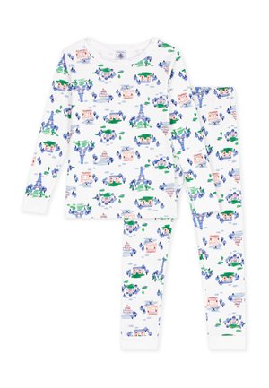 Kinder Set aus weißem Langarmshirt und Hose mit bunten Cartoon-Stadtlandschaftsmustern, einschließlich Gebäude, Bäume und Straßen.