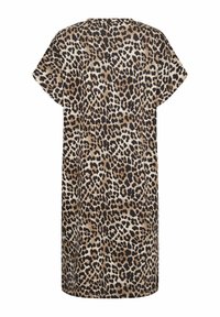 Leopardenmuster Kleid in Beige und Schwarz. Kurze Ärmel, runder Ausschnitt, weicher Stoff und lockere Passform. Der Saum endet über dem Knie.