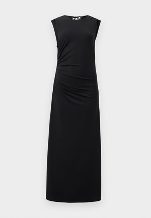 Black sleeveless maxi dress in a smooth, stretchy fabric. Features ruched detailing on the side and a keyhole opening at the back.