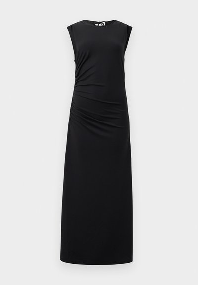 Melna bezpiedurknu maksi kleita izgatavota no gludas, elastīgas auduma. Iekļauj krokojumu detalizāciju sānos un atslēgas caurumu aizmugurē.