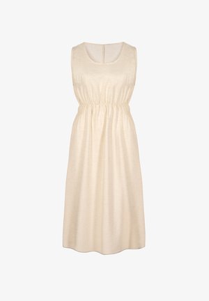 Beżowa sukienka midi bez rękawów z marszczoną elastyczną talią i zaokrąglonym dekoltem, wykonana z miękkiej, teksturowanej tkaniny.