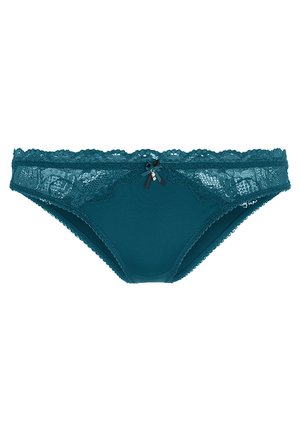Teal underwear featuring a smooth fabric body, intricate lace trim, scalloped edges, and a small bow detail at the front.