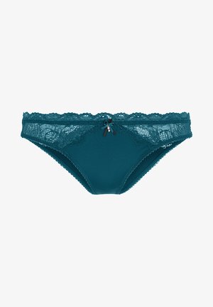 Teal underwear featuring a smooth fabric body, intricate lace trim, scalloped edges, and a small bow detail at the front.