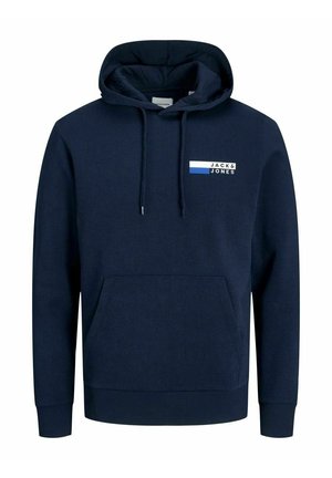 Sudadera con capucha azul marino en mezcla de algodón, que presenta un bolsillo tipo canguro en el frente, capucha con cordón y un logotipo con acentos azules y blancos.