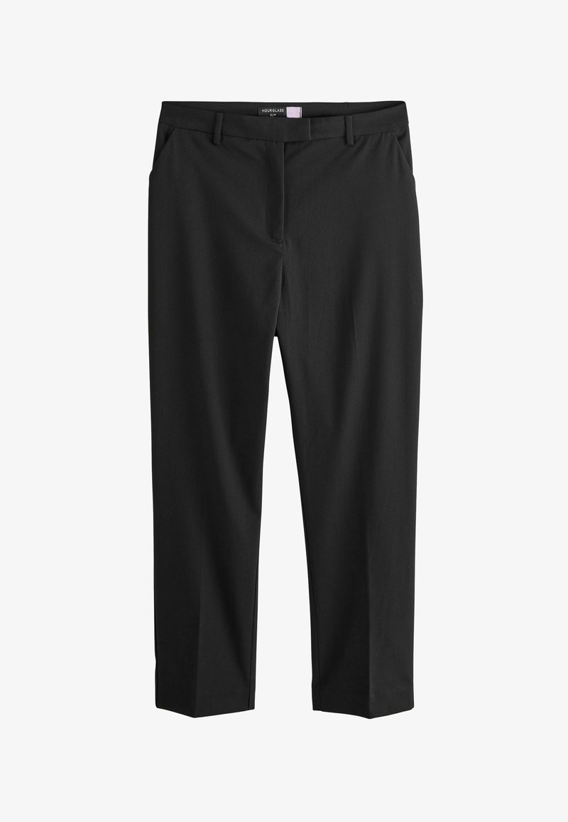 Pantalones negros con un corte entallado, confeccionados con tela suave, diseño de frente plano, bolsillos laterales y una etiqueta de marca sutil en la cintura.